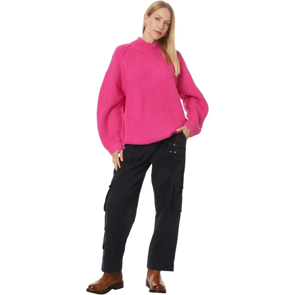 Free People Sunbeam Knit Oversized Mockneck Sweater Fuchsia Pink‎ Sz M Chunky